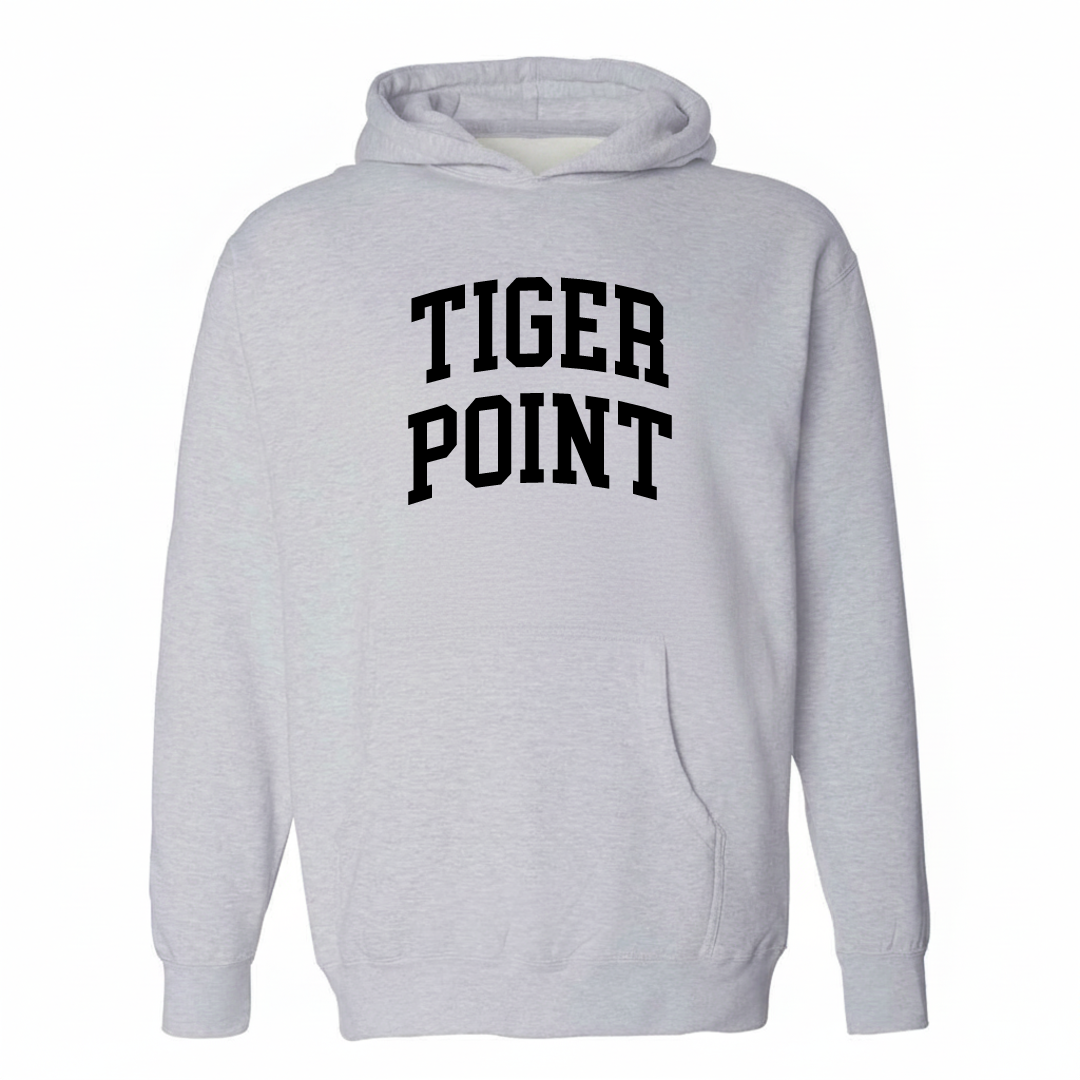 Heather-gray hoodie with the Tiger Point varsity arched lettering design on the chest.