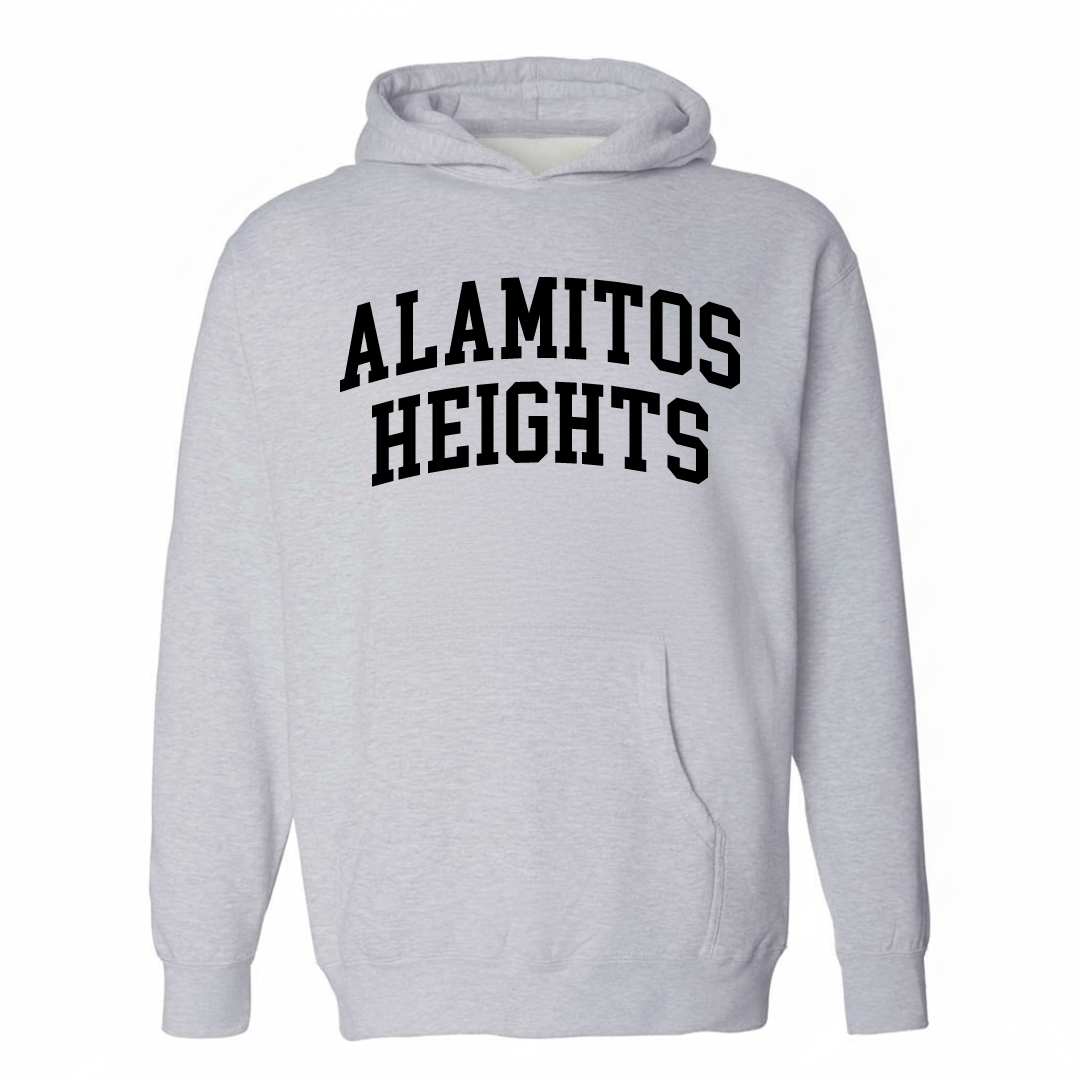 Heather-gray hoodie with the Alamitos Heights varsity arched lettering design on the chest.