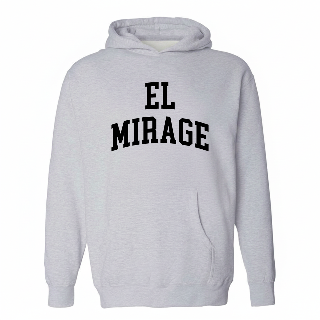 Heather-gray hoodie with the El Mirage varsity arched lettering design on the chest.