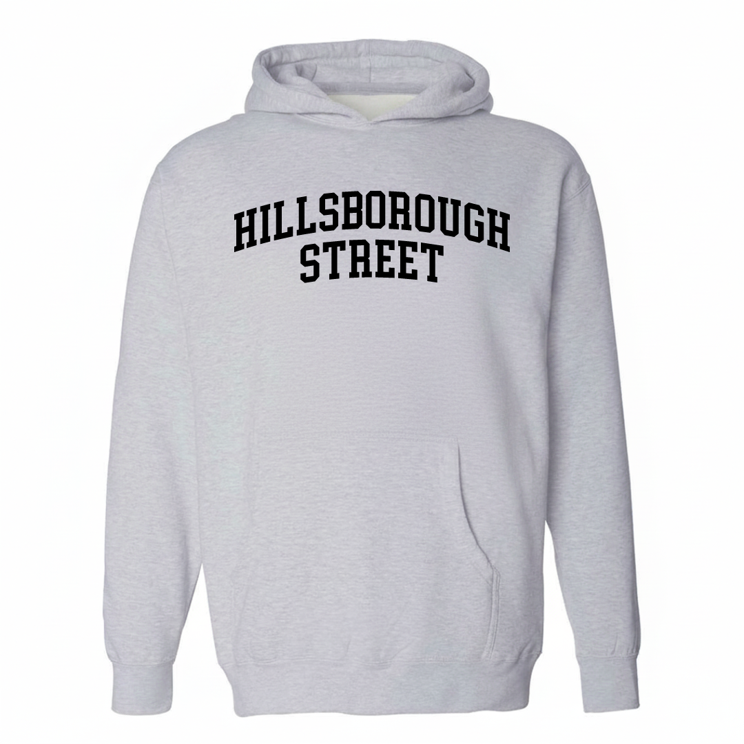 Heather-gray hoodie with the Hillsborough Street varsity arched lettering design on the chest.