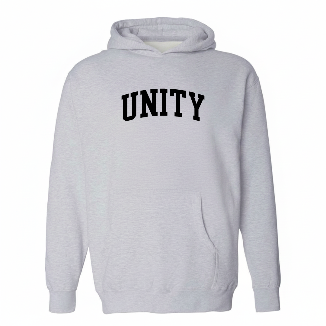 Heather-gray hoodie with the Unity Maine arched lettering varsity-collegiate design on the chest.