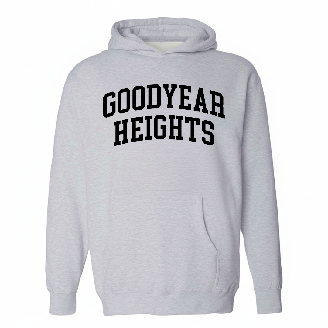 Heather-gray hoodie with the Goodyear Heights varsity arched lettering design on the chest.