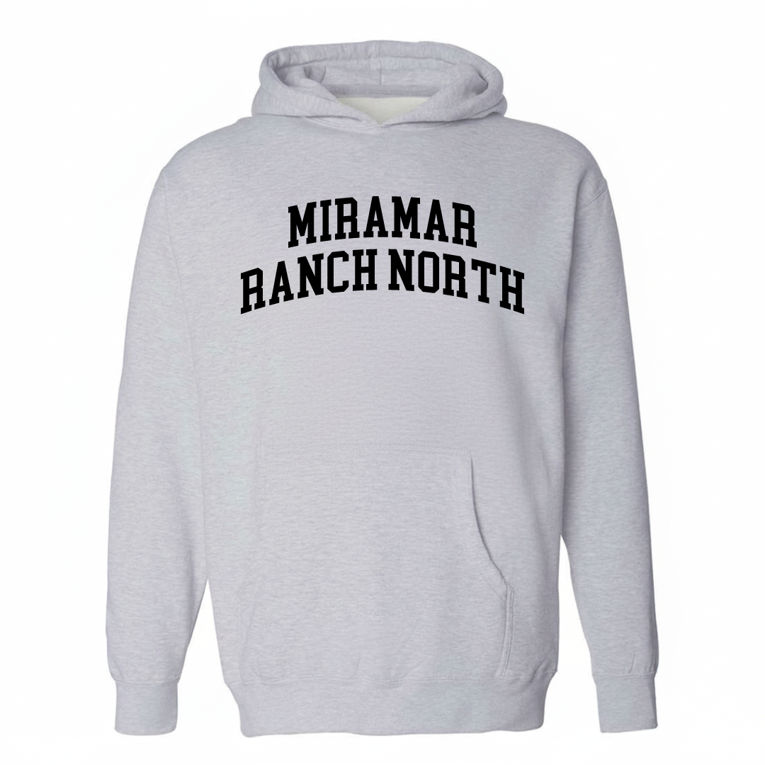 Heather-gray hoodie with the Miramar Ranch North varsity arched lettering design on the chest.