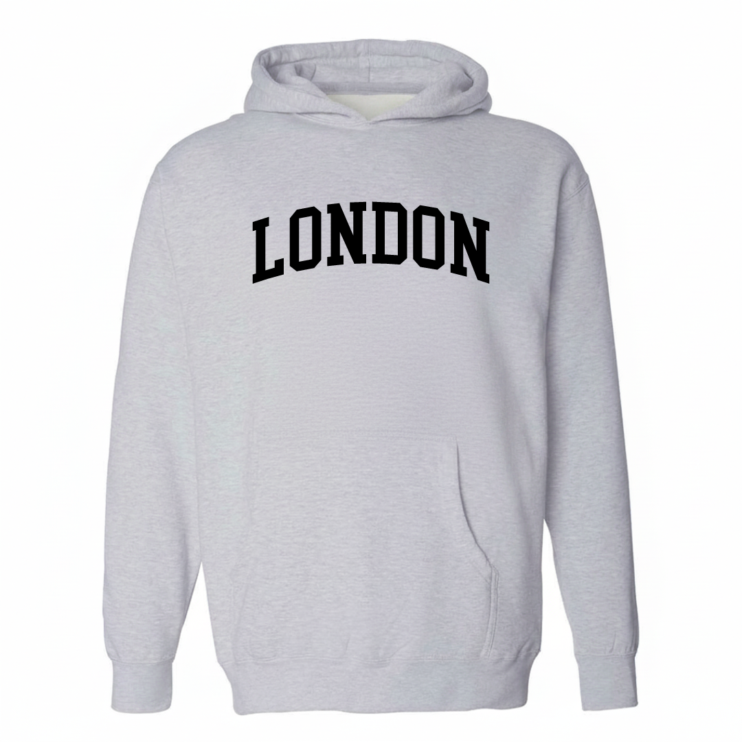 Heather-gray hoodie with the London Ohio varsity arched lettering design on the chest.