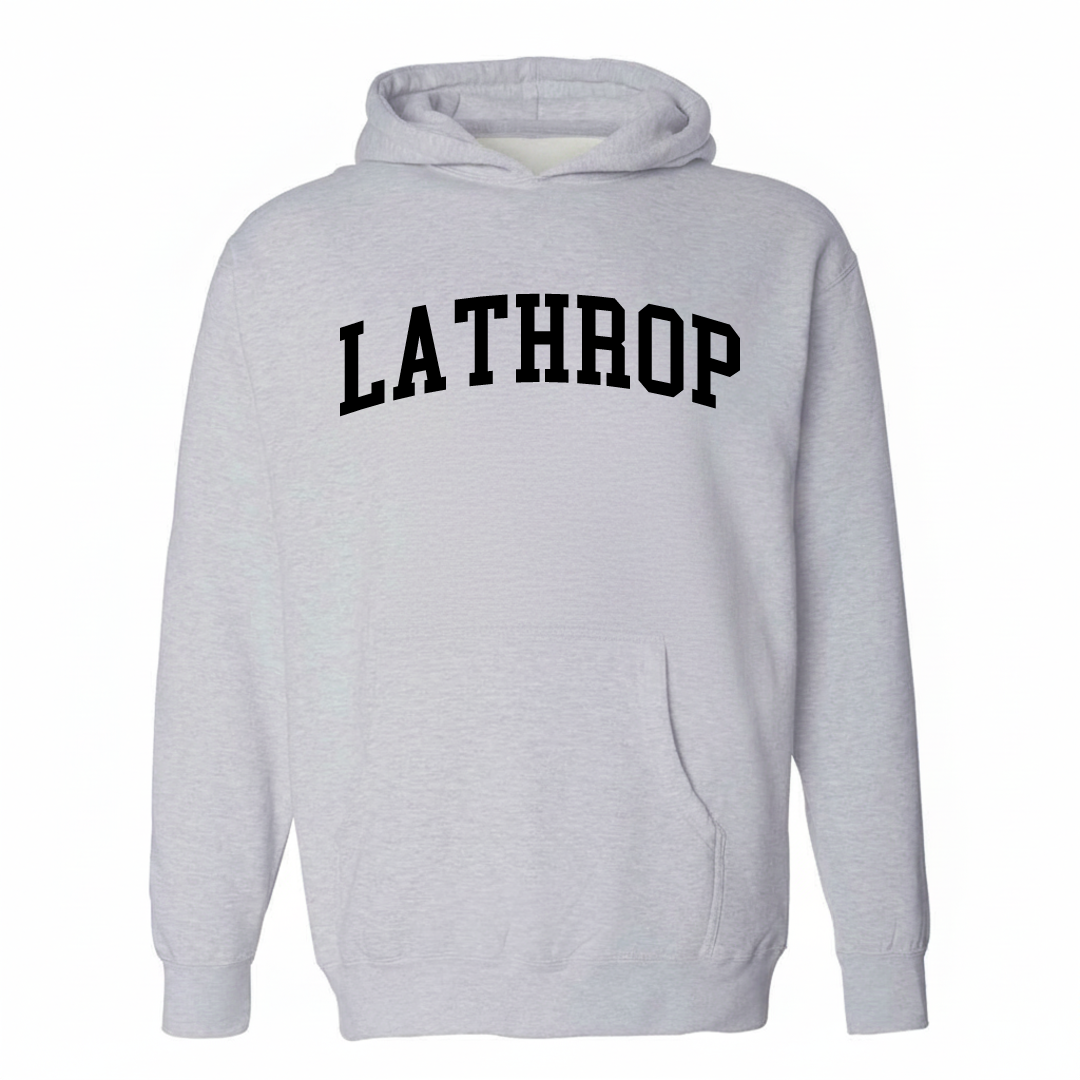 Heather-gray hoodie with the Lathrop varsity arched lettering design on the chest.