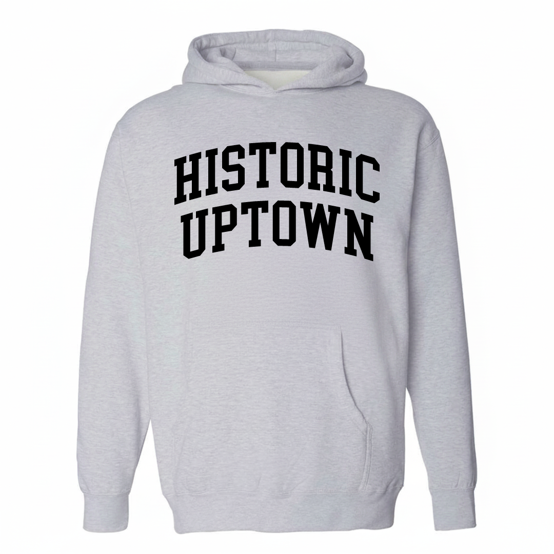 Heather-gray hoodie with the Historic Uptown arched varsity lettering design on the chest.