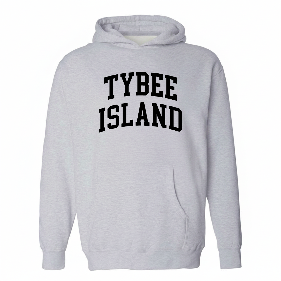 Heather-gray hoodie with the Tybee Island varsity arched lettering design on the chest.