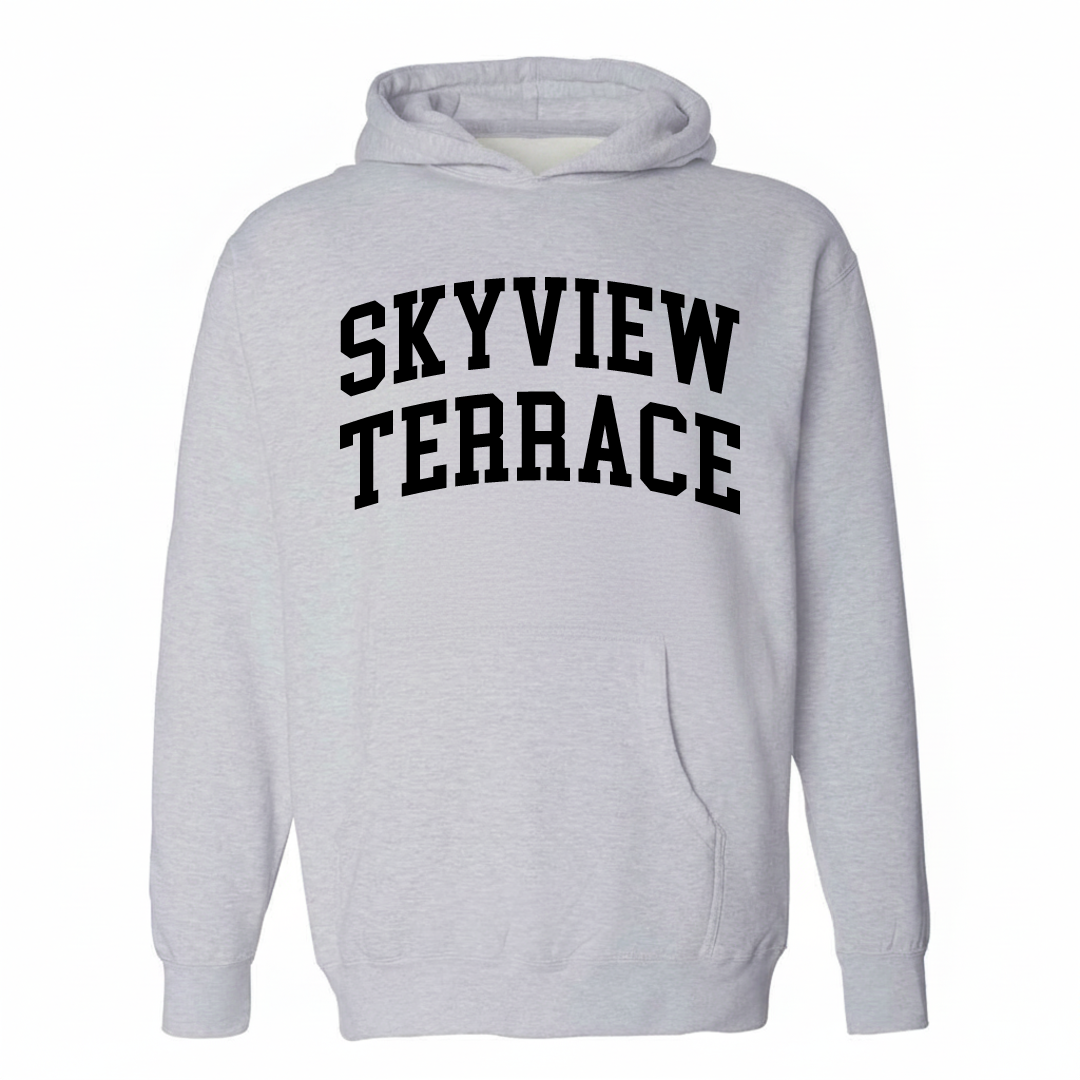Heather-gray hoodie with the Skyview Terrace arched lettering design on the chest.