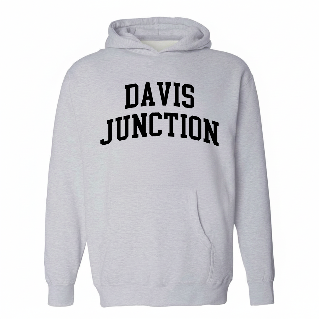Heather-gray hoodie with the Davis Junction varsity arched lettering design on the chest.