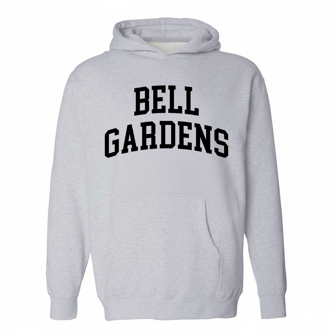 Heather-gray hoodie with the Bell Gardens arched varsity lettering design on the chest.
