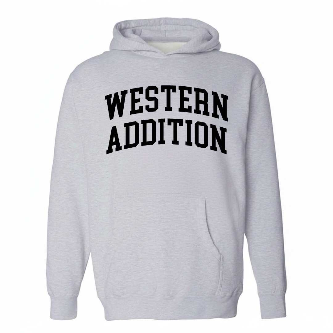 Heather-gray hoodie with the Western Addition arched lettering design on the chest.