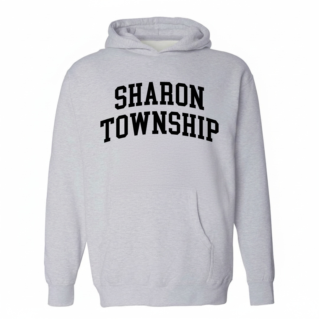 Heather-gray hoodie with the Sharon Township varsity arched lettering design on the chest.