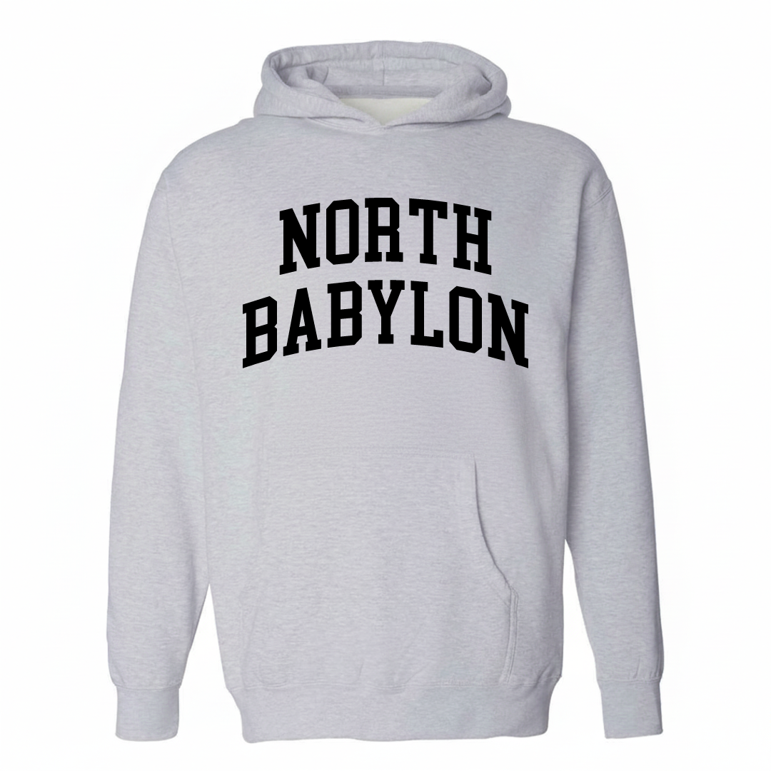 Heather-gray hoodie with the North Babylon varsity arched lettering design on the chest.