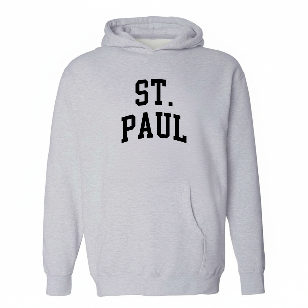 Heather-gray hoodie with the St. Paul, Indiana varsity arched lettering design on the chest.