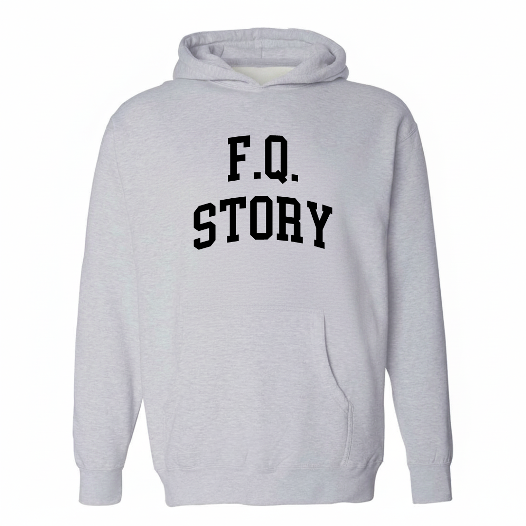 Heather-gray hoodie with the F.Q. Story arched lettering design on the chest.