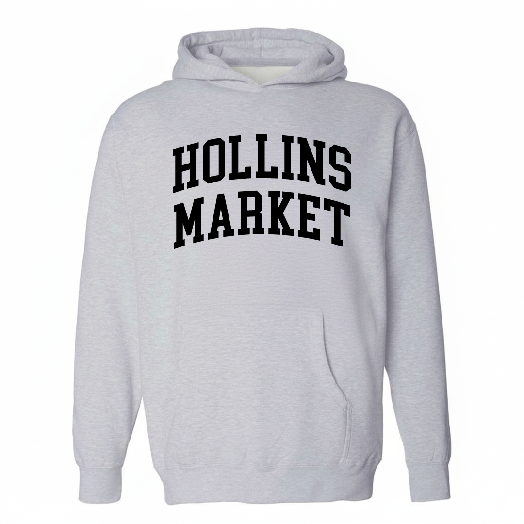 Heather-gray hoodie with the Hollins Market varsity arched lettering design on the chest.