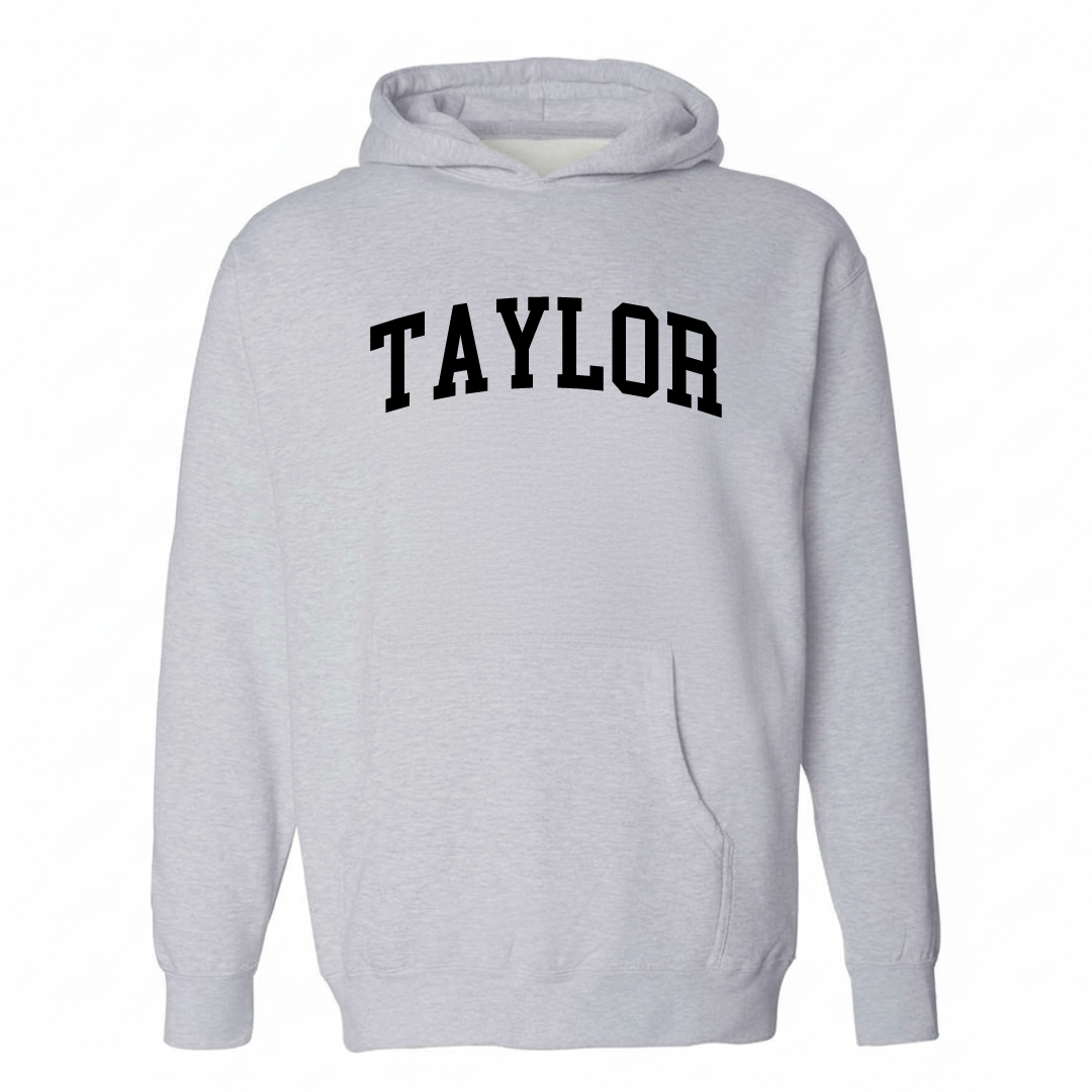 Heather-gray hoodie with the Taylor arched lettering varsity-collegiate design on the chest.