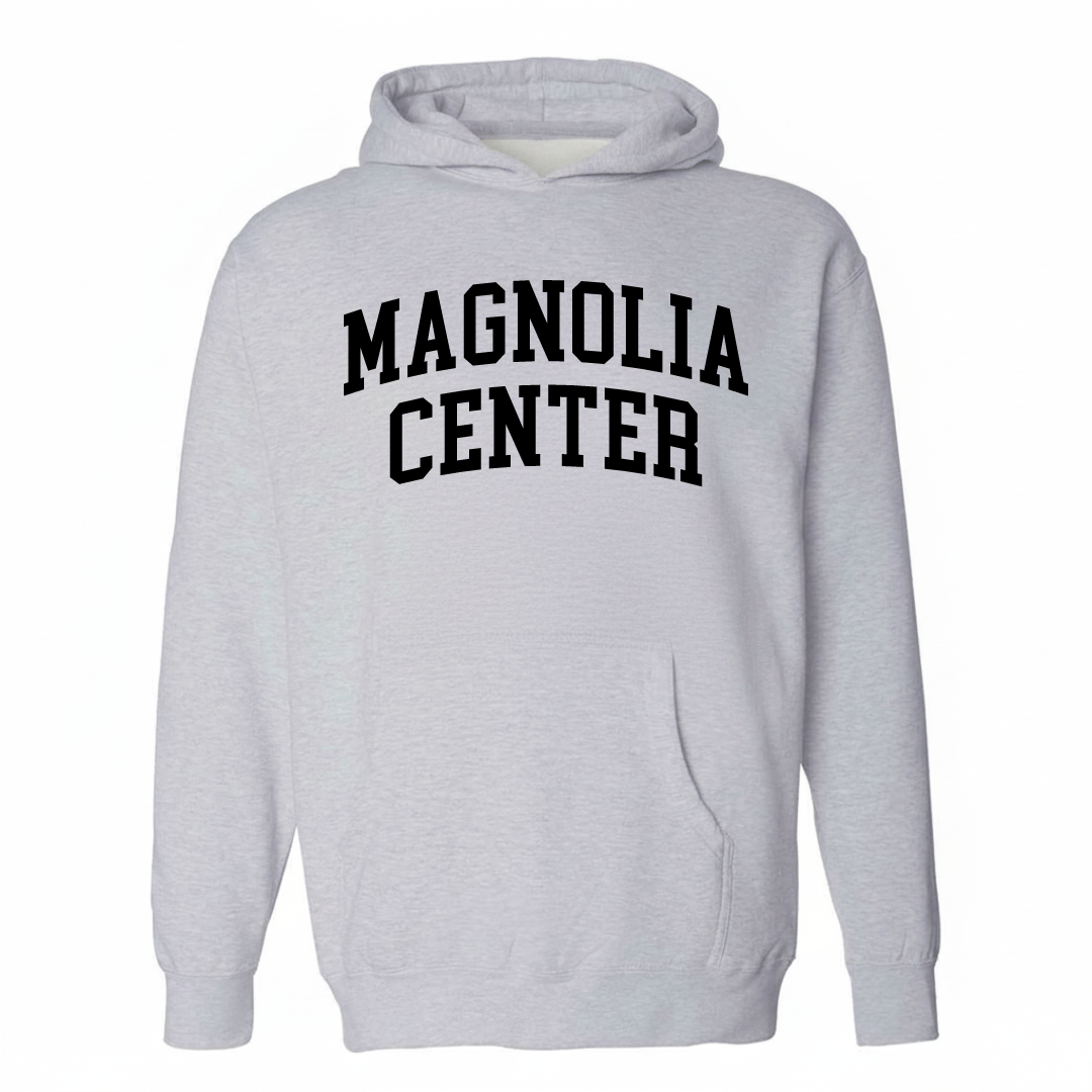 Heather-gray hoodie with the Magnolia Center varsity arched lettering design on the chest.