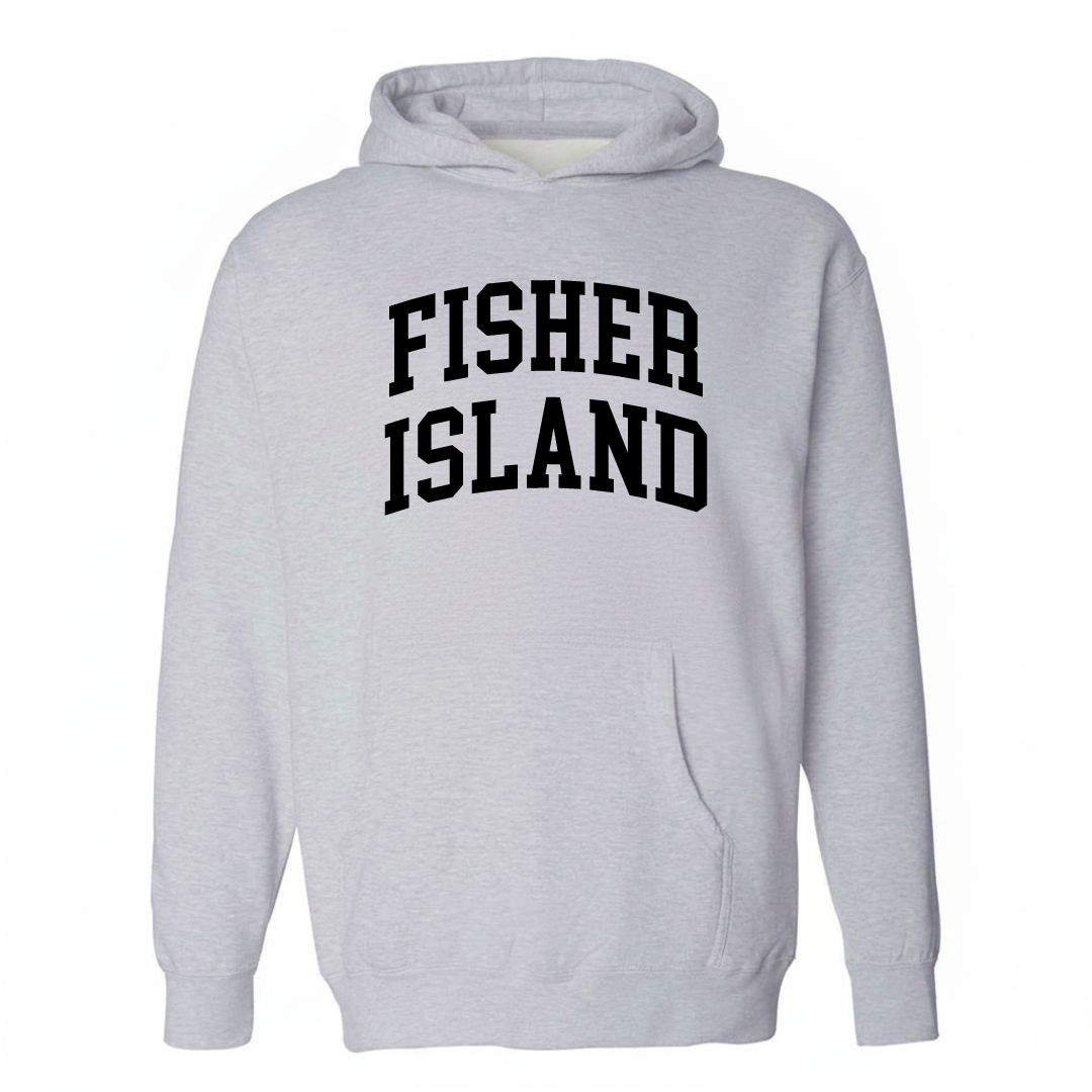 Heather-gray hoodie with the Fisher Island varsity arched lettering design on the chest.