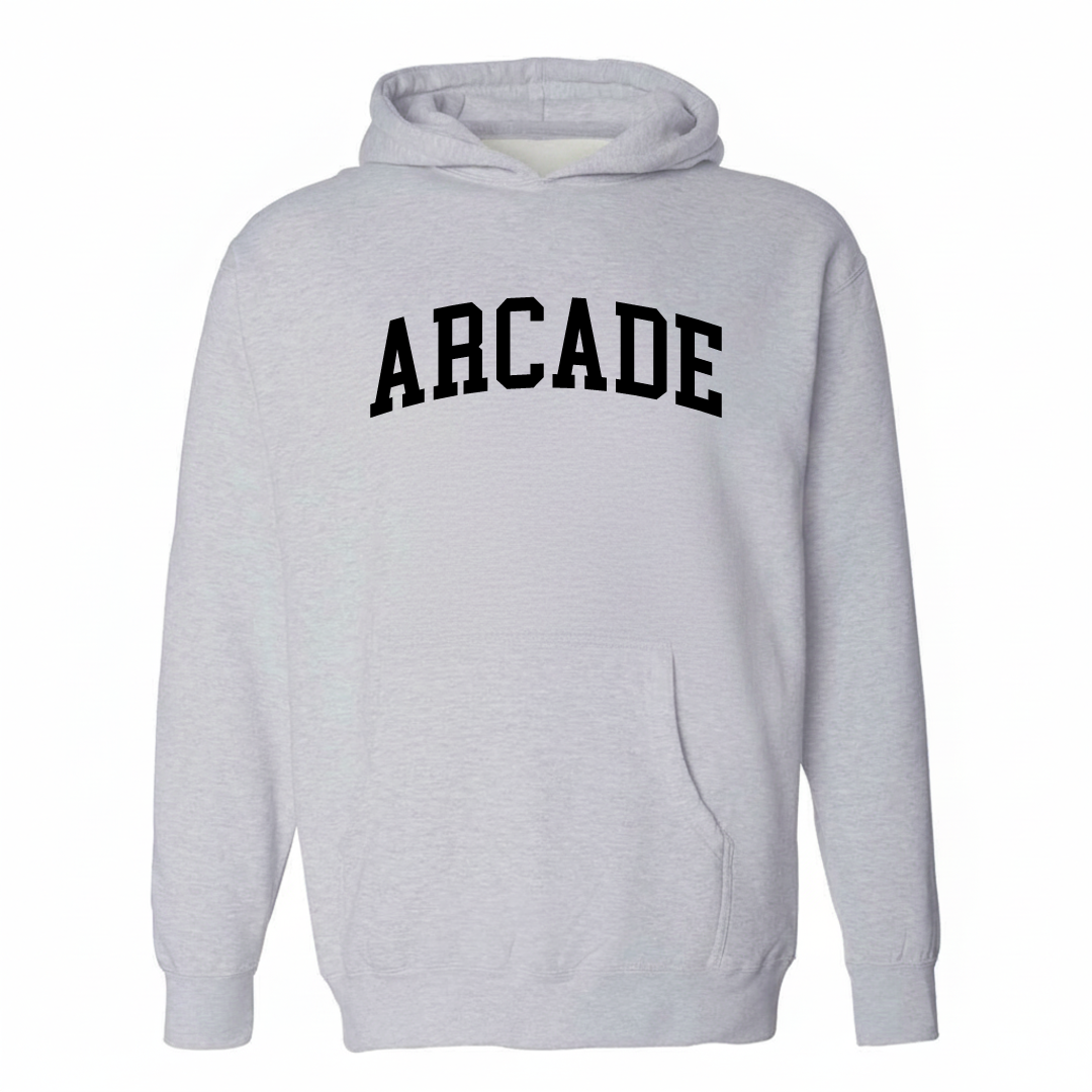 Heather-gray hoodie with the Arcade varsity arched lettering design on the chest.