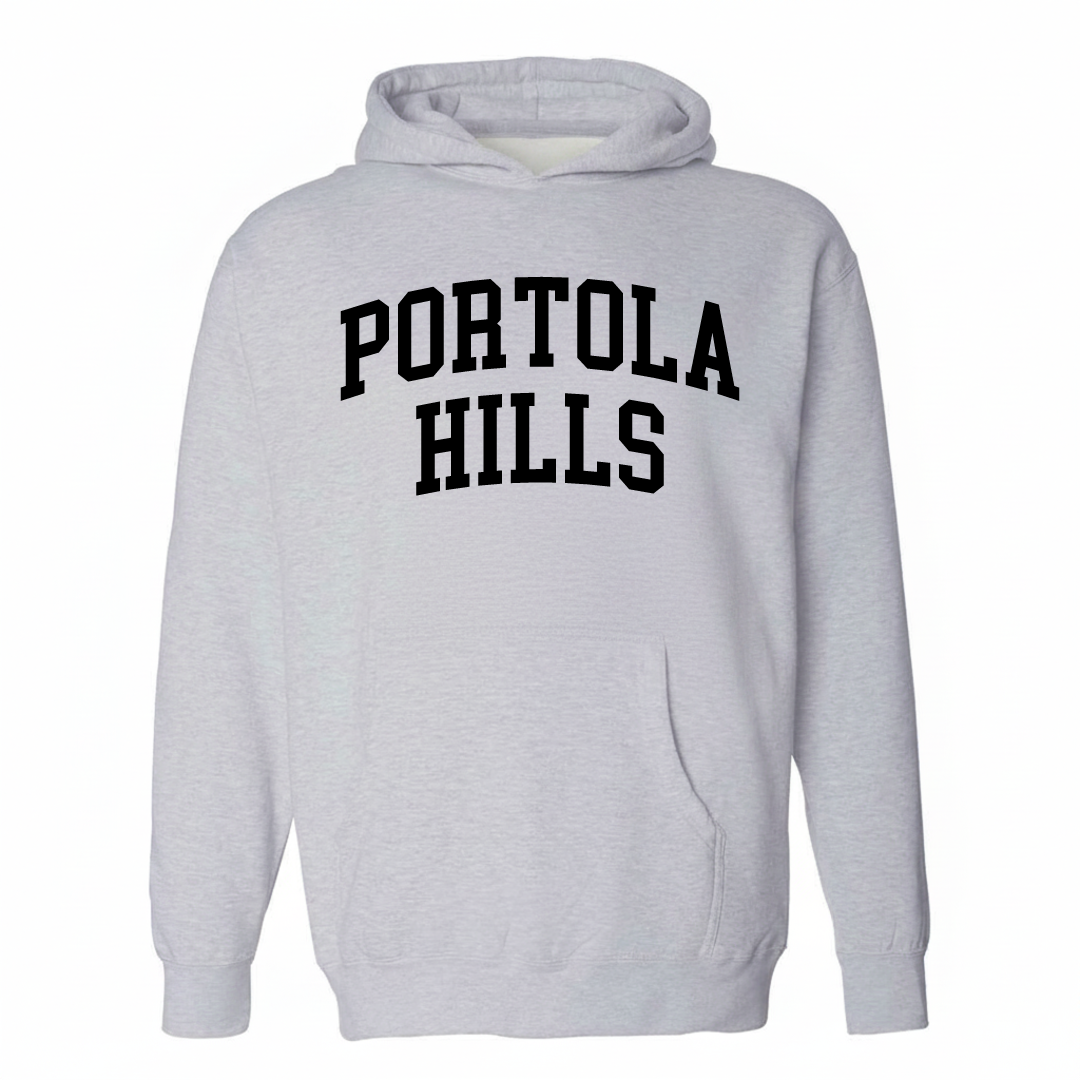 Heather-gray hoodie with the Portola Hills arched lettering design on the chest.