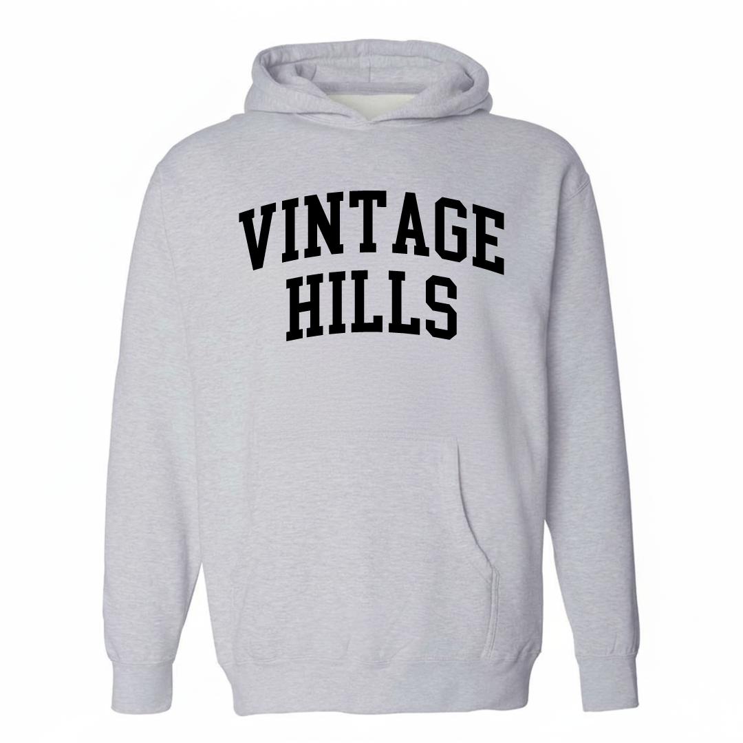 Heather-gray hoodie with the Vintage Hills varsity arched lettering design on the chest.
