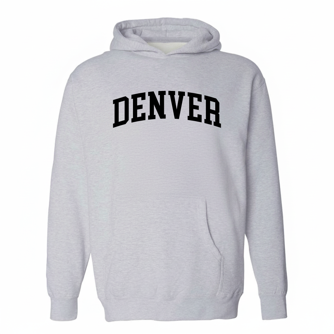 Heather-gray hoodie with the Denver NC varsity arched lettering design on the chest.
