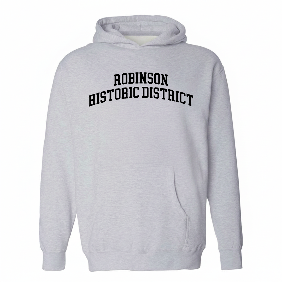 Heather-gray hoodie with the Robinson Historic District varsity arched lettering design on the chest.