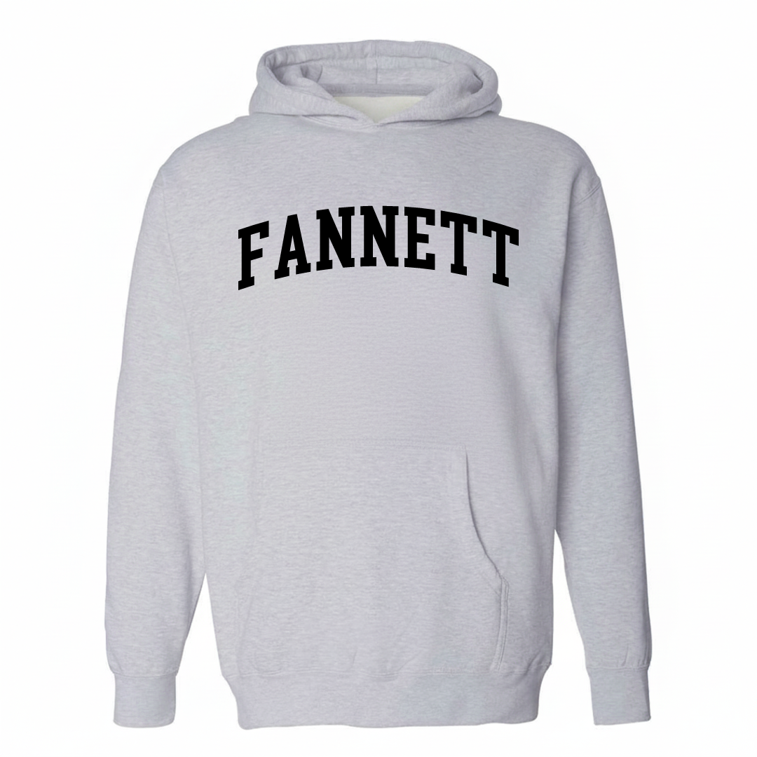 Heather-gray hoodie with the Fannett arched varsity lettering design on the chest.