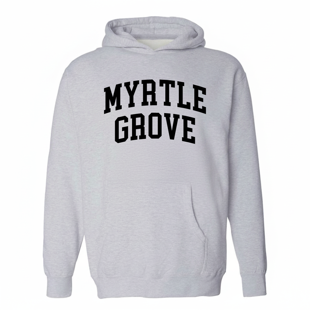 Heather-gray hoodie with the Myrtle Grove varsity arched lettering design on the chest.