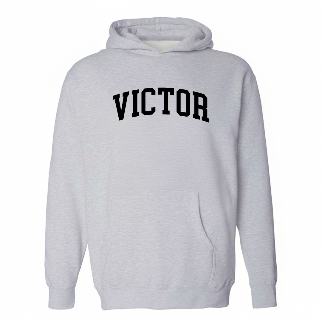 Heather-gray hoodie with the Victor, Idaho varsity arched lettering design on the chest.