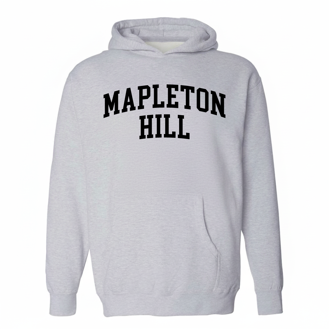 Heather-gray hoodie with the Mapleton Hill varsity arched lettering design on the chest.