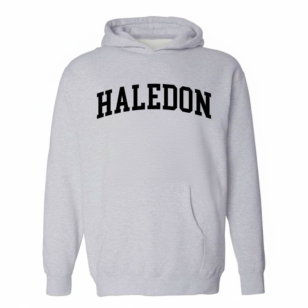 Heather-gray hoodie with the Haledon varsity arched lettering design on the chest.