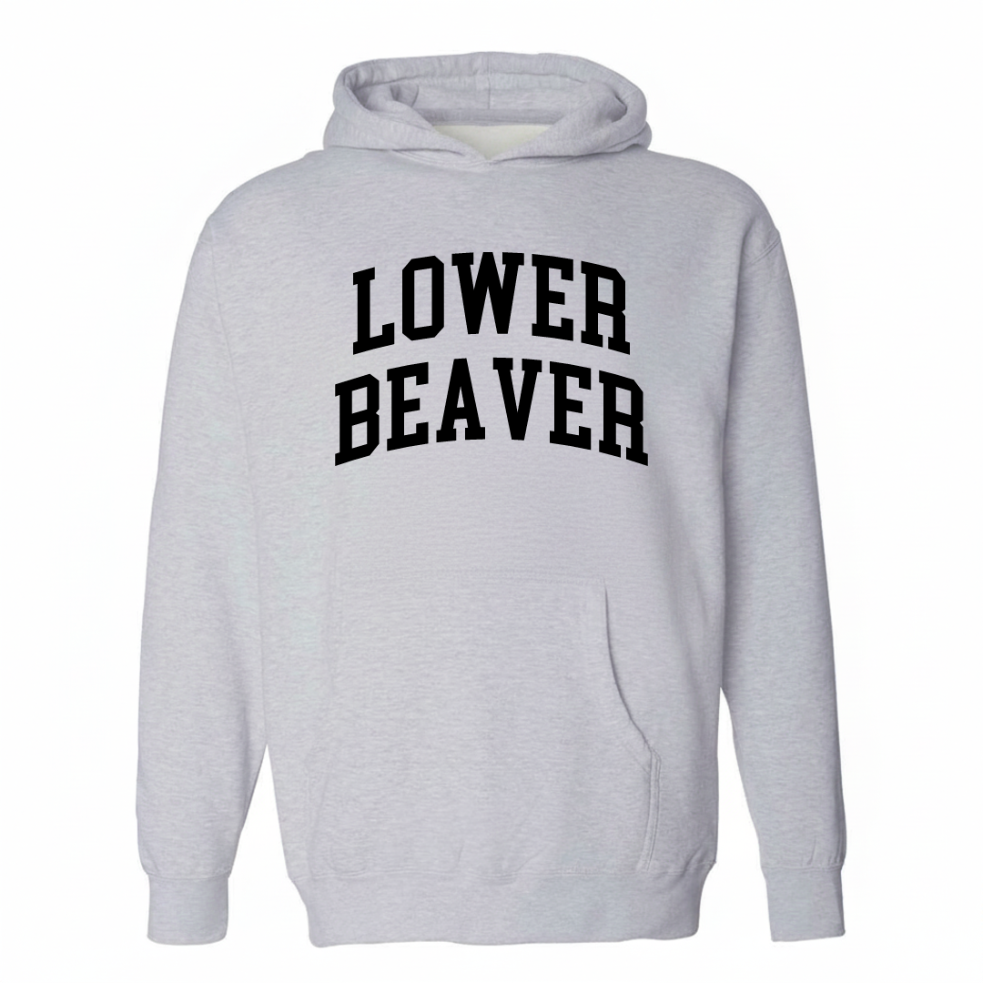 Heather-gray hoodie with the Lower Beaver arched lettering design on the chest.