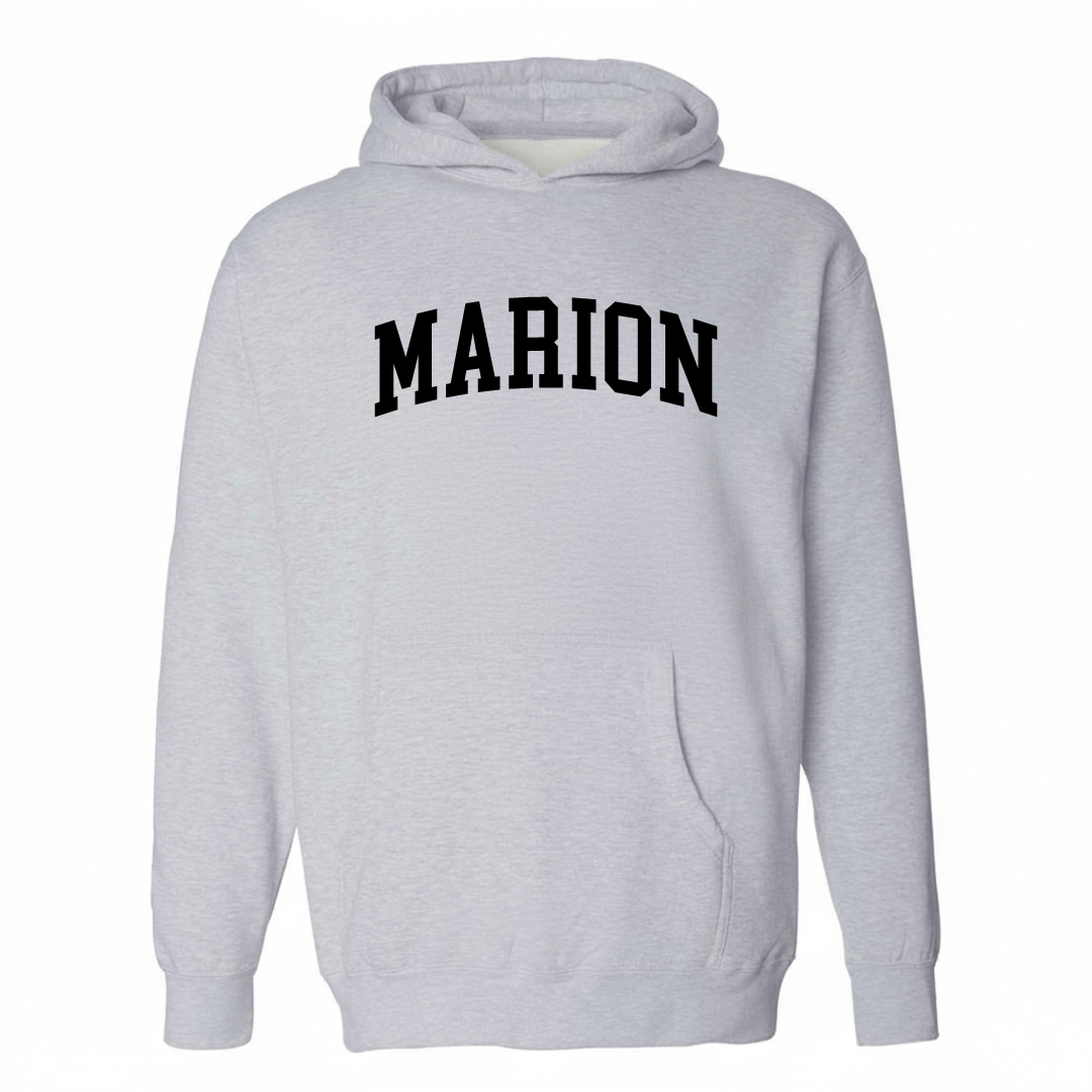 Heather-gray hoodie with the Marion, OH arched lettering varsity-collegiate design on the chest.