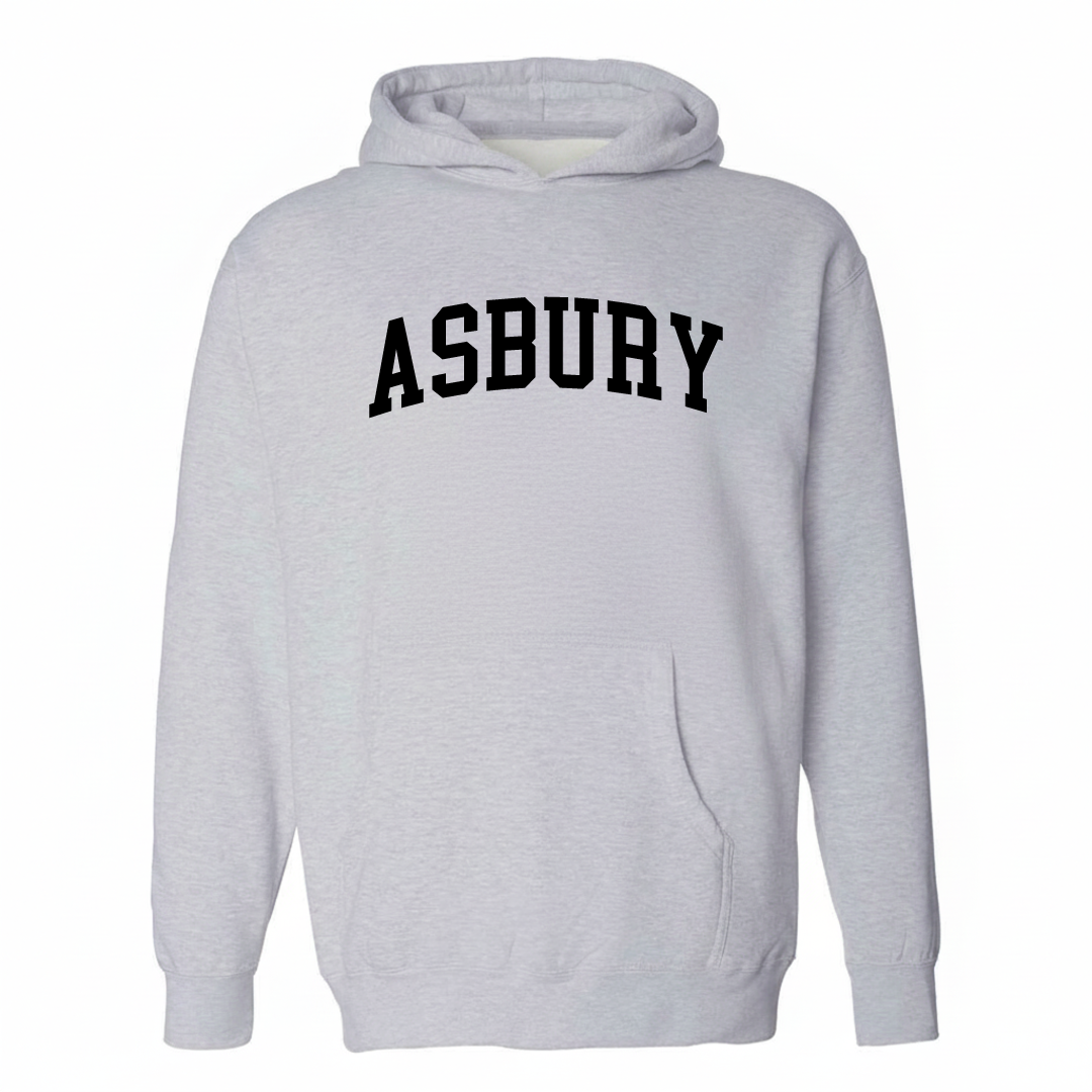 Heather-gray hoodie with the Asbury varsity arched lettering design on the chest.