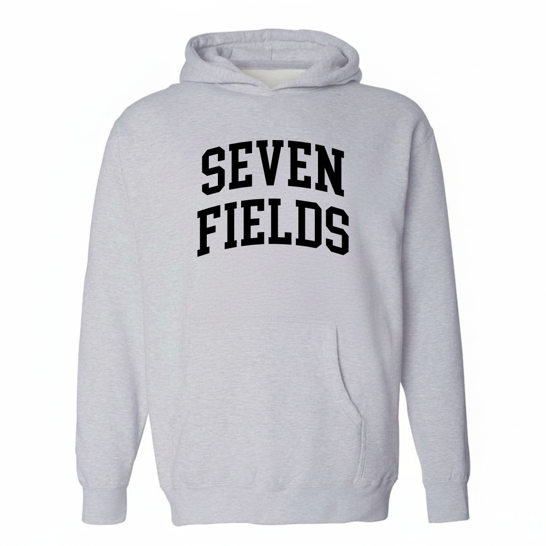 Heather-gray hoodie with the Seven Fields arched lettering varsity-collegiate design on the chest.