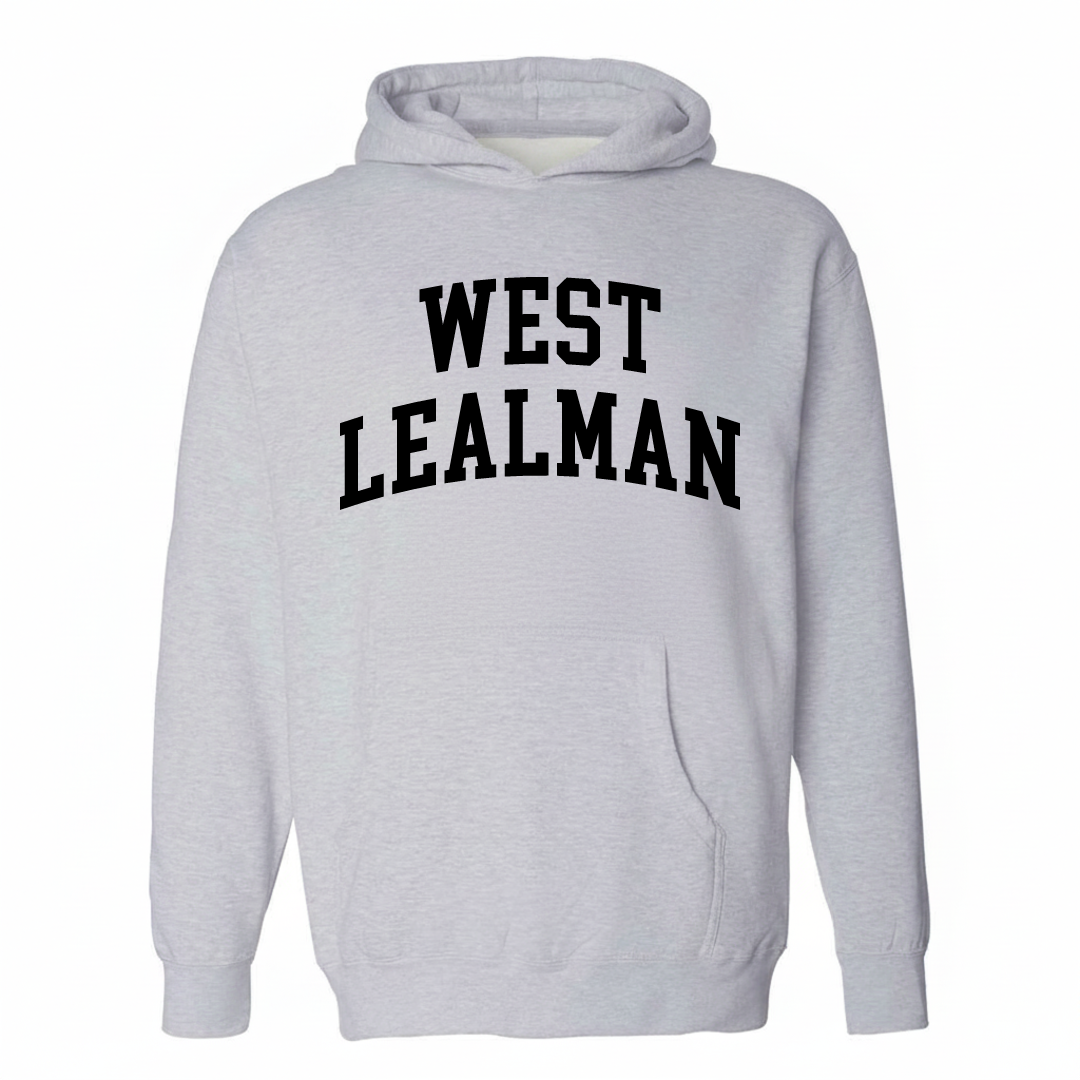 Heather-gray hoodie with the West Lealman varsity arched lettering design on the chest.