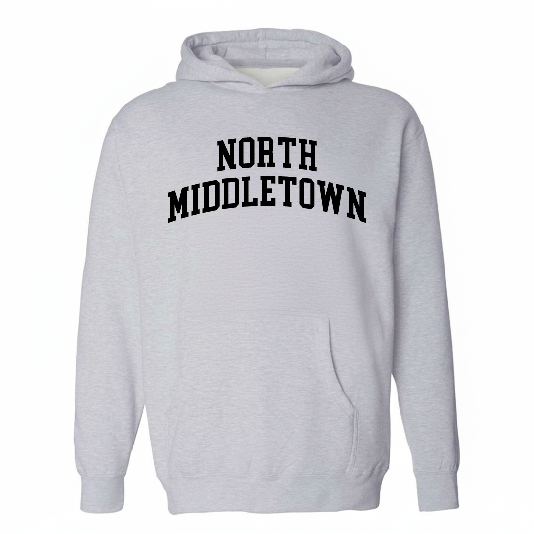 Heather-gray hoodie with the North Middletown varsity arched lettering design on the chest.