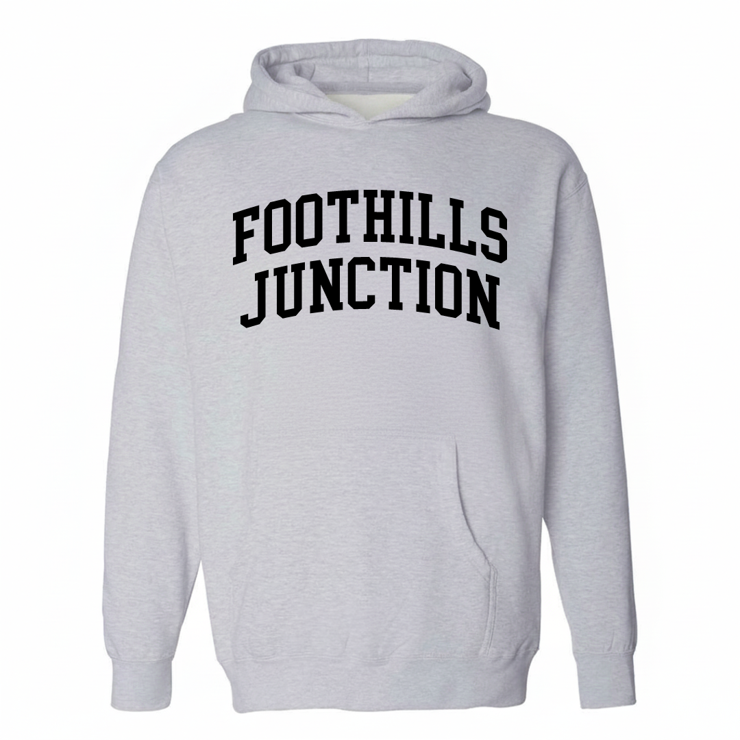 Heather-gray hoodie with the Foothills Junction varsity arched lettering design on the chest.