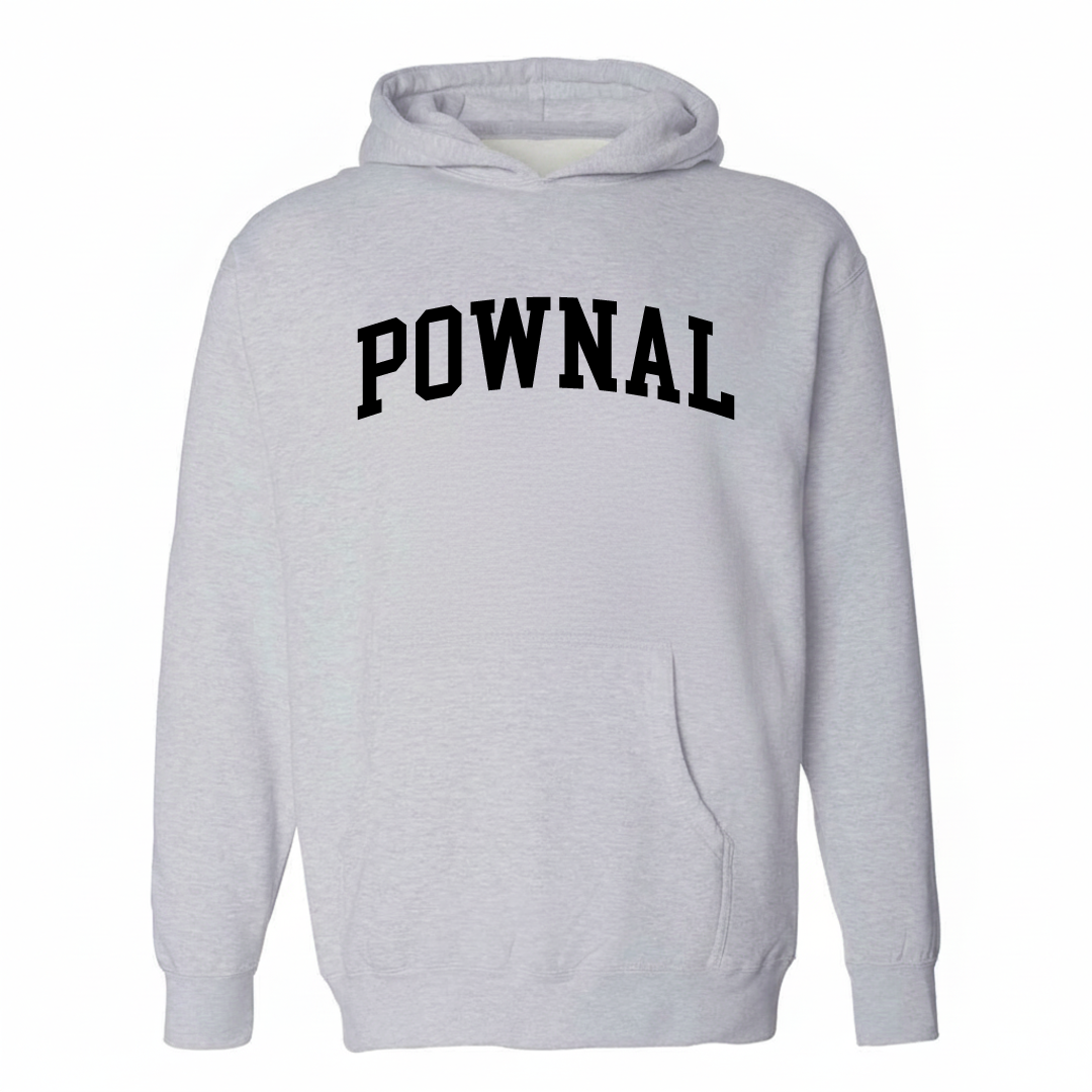 Heather-gray hoodie with the Pownal Vermont varsity arched lettering design on the chest.