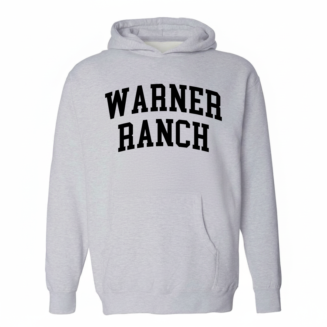 Heather-gray hoodie with the Warner Ranch varsity arched lettering design on the chest.