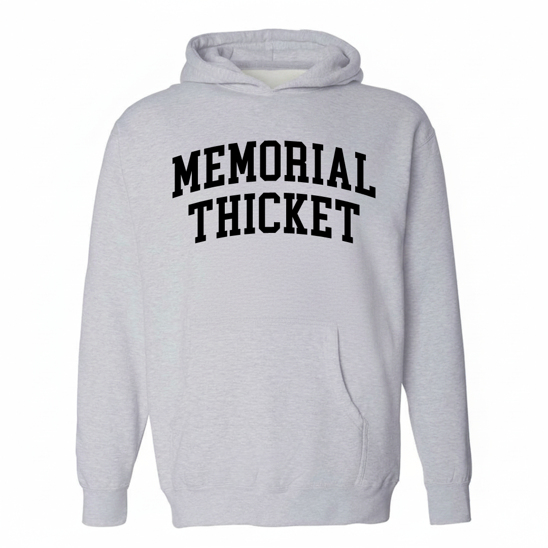 Heather-gray hoodie with the Memorial Thicket varsity arched lettering design on the chest.