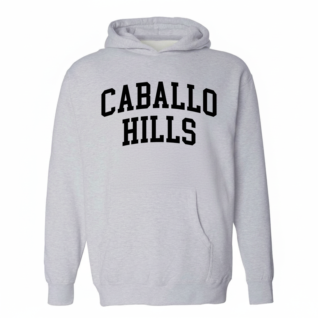 Heather-gray hoodie with the Caballo Hills varsity arched lettering design on the chest.