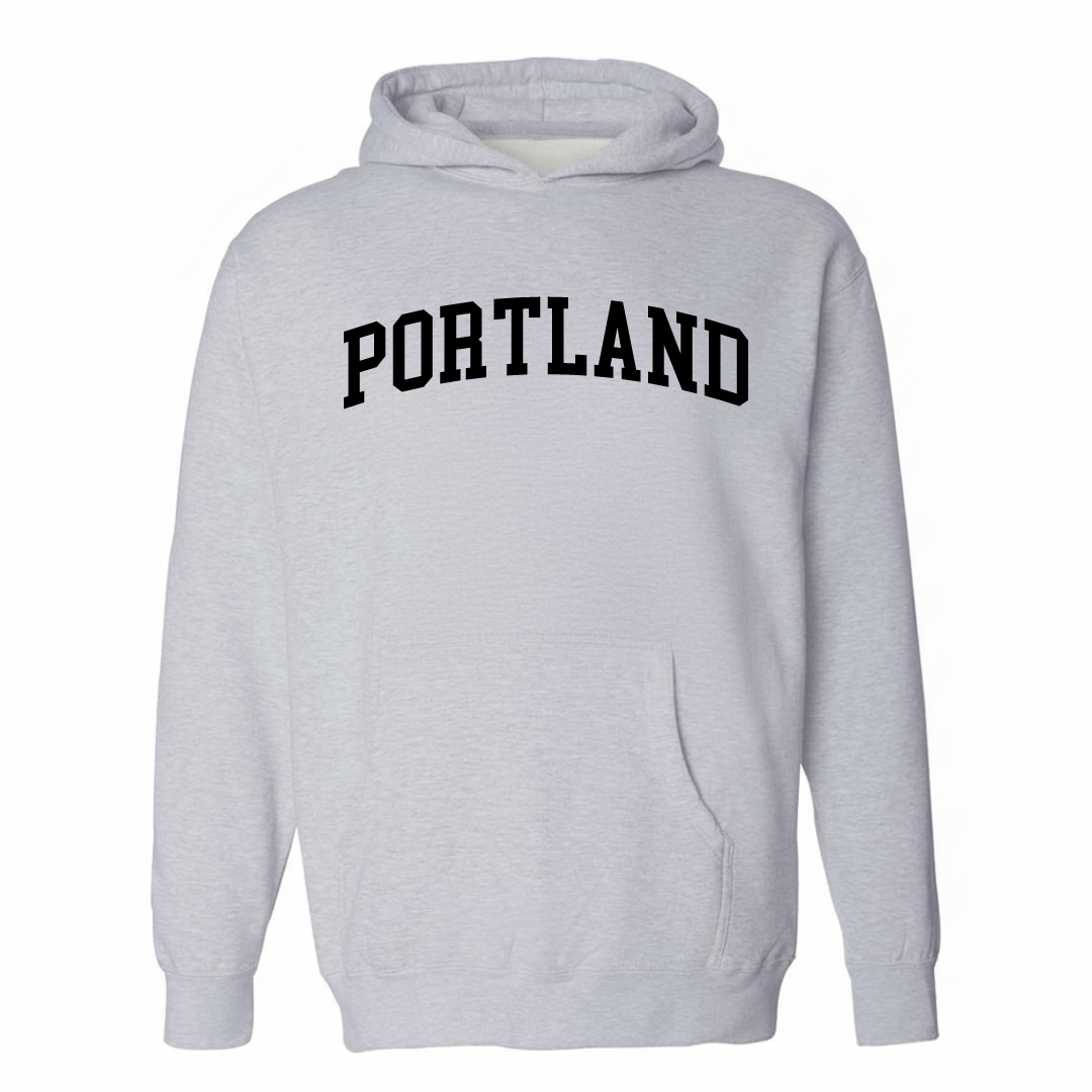 Heather-gray hoodie with the Portland ME arched lettering varsity-collegiate design on the chest.