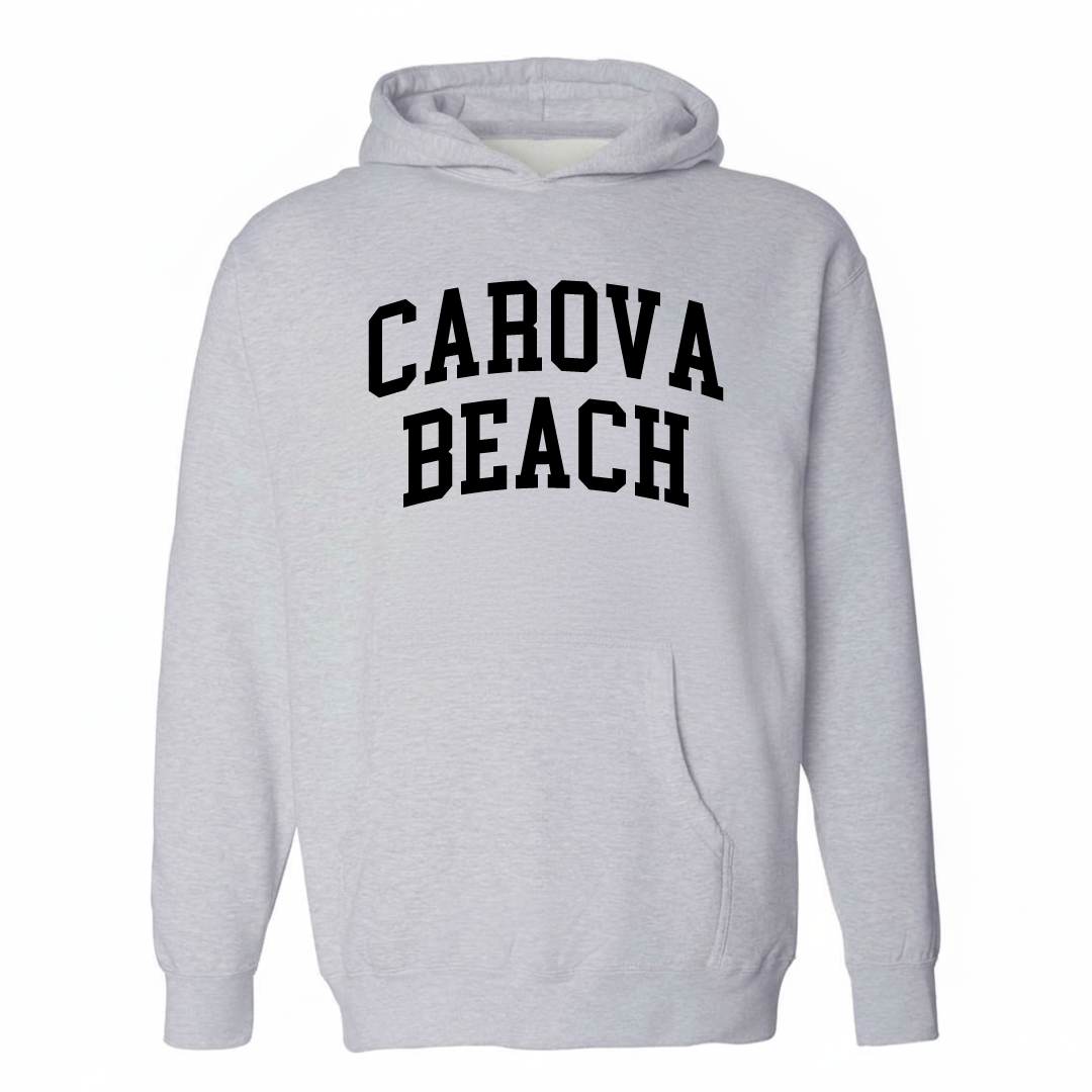 Heather-gray hoodie with the Carova Beach arched varsity lettering design on the chest.