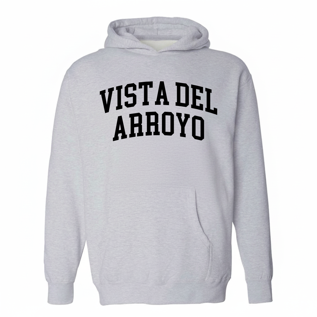 Heather-gray hoodie with the Vista del Arroyo varsity arched lettering design on the chest.