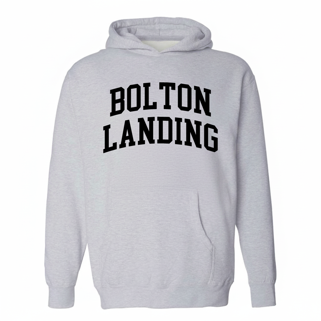 Heather-gray hoodie with the Bolton Landing varsity arched lettering design on the chest.