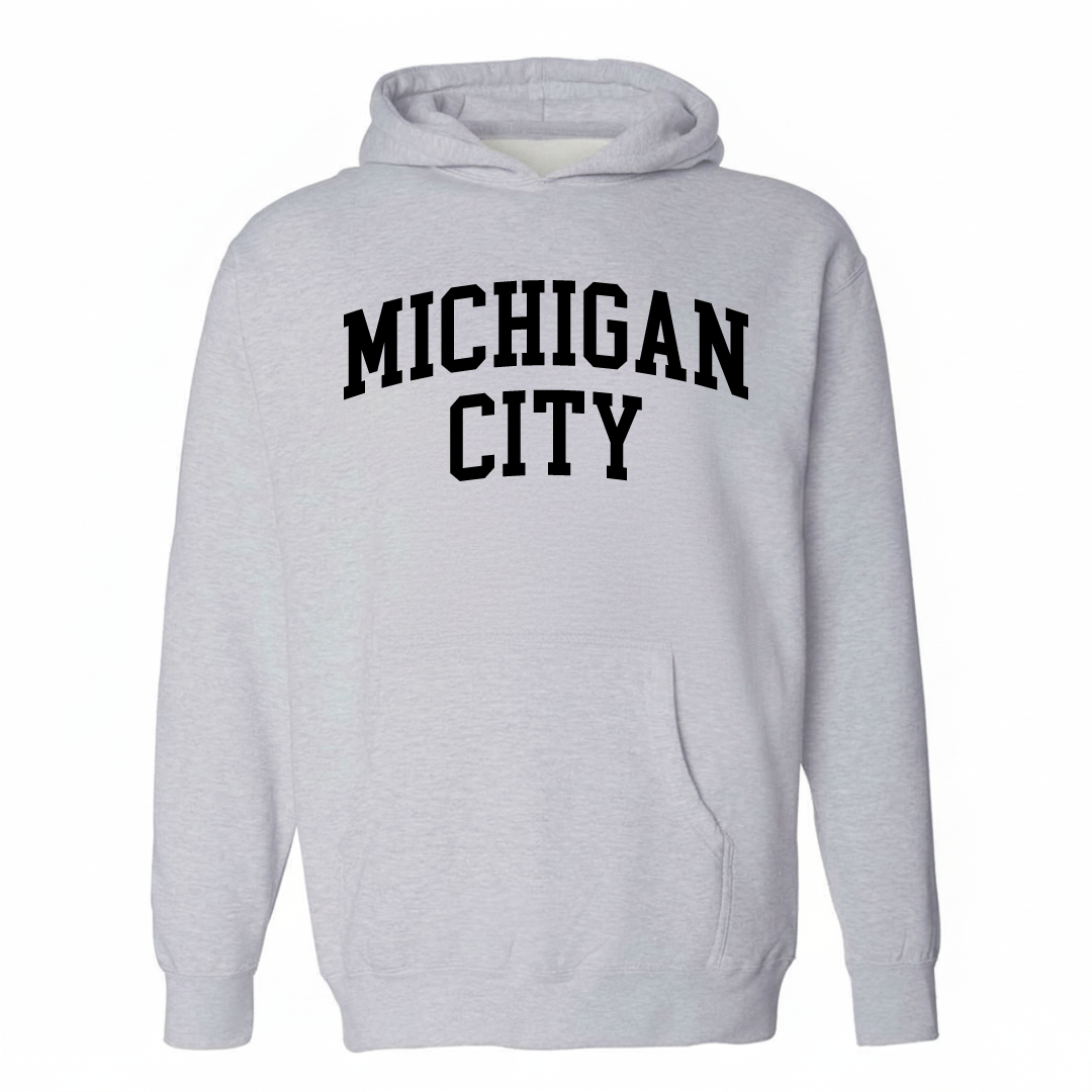 Heather-gray hoodie with the Michigan City varsity arched lettering design on the chest.