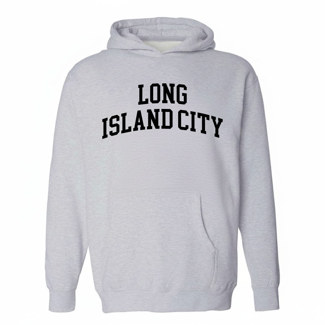 Heather-gray hoodie with the Long Island City arched lettering varsity design on the chest.